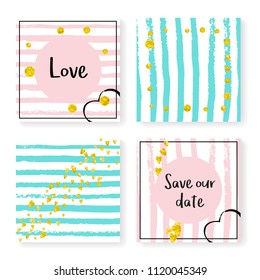 Wedding invite set with glitter confetti and stripes. Gold hearts and dots on pink and mint background. Design with wedding invite set for party, event, bridal shower, save the date card.