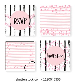 Wedding invite set with glitter confetti and stripes. Pink hearts and dots on black and pink background. Template with wedding invite set for party, event, bridal shower, save the date card.