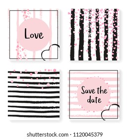 Wedding invite set with glitter confetti and stripes. Pink hearts and dots on black and pink background. Design with wedding invite set for party, event, bridal shower, save the date card.