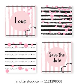 Wedding invite set with glitter confetti and stripes. Pink hearts and dots on black and pink background. Template with wedding invite set for party, event, bridal shower, save the date card.