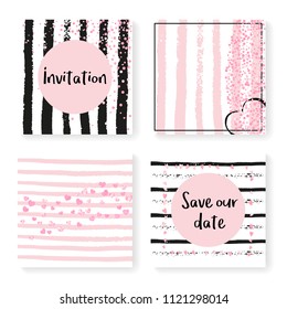 Wedding invite set with glitter confetti and stripes. Pink hearts and dots on black and pink background. Template with wedding invite set for party, event, bridal shower, save the date card.