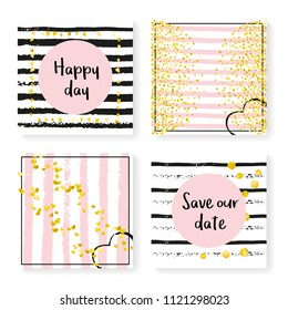 Wedding invite set with glitter confetti and stripes. Gold hearts and dots on black and pink background. Template with wedding invite set for party, event, bridal shower, save the date card.