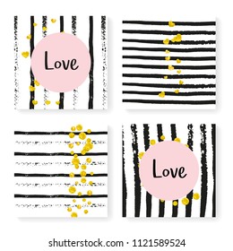Wedding invite set with glitter confetti and stripes. Gold hearts and dots on black and white background. Design with wedding invite set for party, event, bridal shower, save the date card.