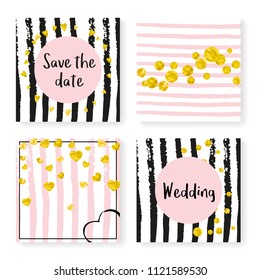 Wedding invite set with glitter confetti and stripes. Gold hearts and dots on black and pink background. Design with wedding invite set for party, event, bridal shower, save the date card.