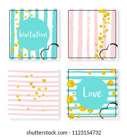 Wedding invite set with glitter confetti and stripes. Gold hearts and dots on pink and mint background. Template with wedding invite set for party, event, bridal shower, save the date card.