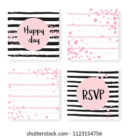 Wedding invite set with glitter confetti and stripes. Pink hearts and dots on black and pink background. Template with wedding invite set for party, event, bridal shower, save the date card.