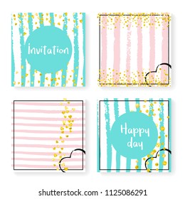 Wedding invite set with glitter confetti and stripes. Gold hearts and dots on pink and mint background. Design with wedding invite set for party, event, bridal shower, save the date card.