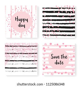 Wedding invite set with glitter confetti and stripes. Pink hearts and dots on black and pink background. Design with wedding invite set for party, event, bridal shower, save the date card.