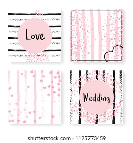 Wedding invite set with glitter confetti and stripes. Pink hearts and dots on black and pink background. Template with wedding invite set for party, event, bridal shower, save the date card.