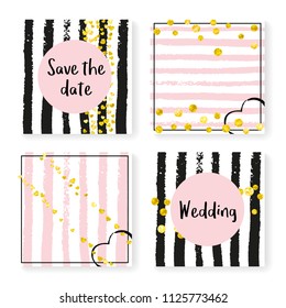 Wedding invite set with glitter confetti and stripes. Gold hearts and dots on black and pink background. Design with wedding invite set for party, event, bridal shower, save the date card.