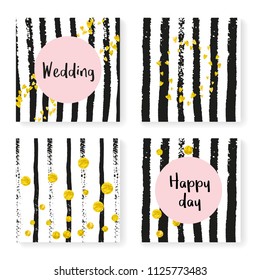 Wedding invite set with glitter confetti and stripes. Gold hearts and dots on black and white background. Template with wedding invite set for party, event, bridal shower, save the date card.