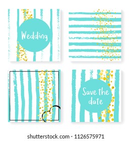 Wedding invite set with glitter confetti and stripes. Gold hearts and dots on mint and white background. Template with wedding invite set for party, event, bridal shower, save the date card.