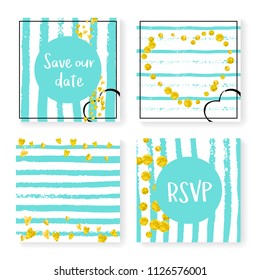 Wedding invite set with glitter confetti and stripes. Gold hearts and dots on mint and white background. Template with wedding invite set for party, event, bridal shower, save the date card.