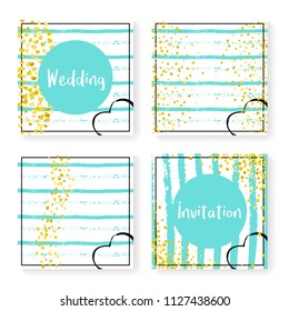 Wedding invite set with glitter confetti and stripes. Gold hearts and dots on mint and white background. Design with wedding invite set for party, event, bridal shower, save the date card.