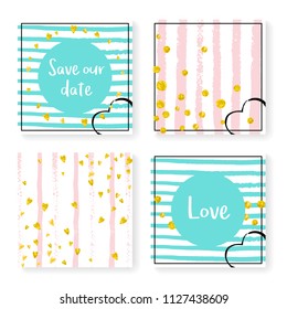 Wedding invite set with glitter confetti and stripes. Gold hearts and dots on pink and mint background. Design with wedding invite set for party, event, bridal shower, save the date card.