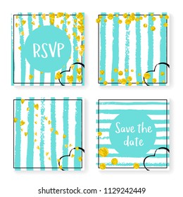 Wedding invite set with glitter confetti and stripes. Gold hearts and dots on mint and white background. Design with wedding invite set for party, event, bridal shower, save the date card.