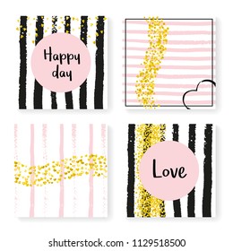 Wedding invite set with glitter confetti and stripes. Gold hearts and dots on black and pink background. Design with wedding invite set for party, event, bridal shower, save the date card.