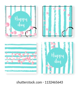 Wedding invite set with glitter confetti and stripes. Pink hearts and dots on mint and white background. Design with wedding invite set for party, event, bridal shower, save the date card.