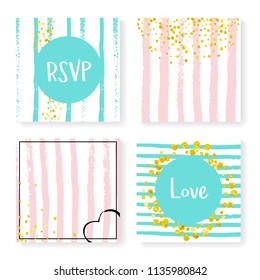 Wedding invite set with glitter confetti and stripes. Gold hearts and dots on pink and mint background. Design with wedding invite set for party, event, bridal shower, save the date card.