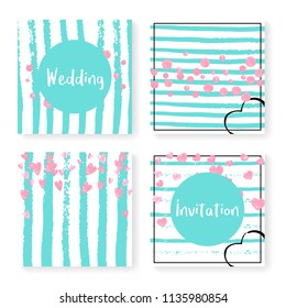 Wedding invite set with glitter confetti and stripes. Pink hearts and dots on mint and white background. Template with wedding invite set for party, event, bridal shower, save the date card.