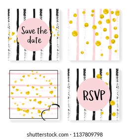 Wedding invite set with glitter confetti and stripes. Gold hearts and dots on black and pink background. Design with wedding invite set for party, event, bridal shower, save the date card.