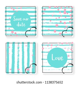 Wedding invite set with glitter confetti and stripes. Pink hearts and dots on mint and white background. Design with wedding invite set for party, event, bridal shower, save the date card.
