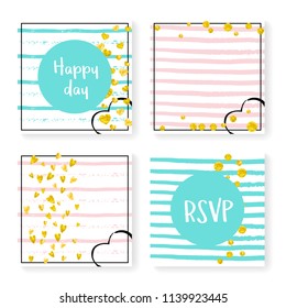 Wedding invite set with glitter confetti and stripes. Gold hearts and dots on pink and mint background. Design with wedding invite set for party, event, bridal shower, save the date card.
