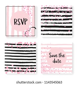 Wedding invite set with glitter confetti and stripes. Pink hearts and dots on black and pink background. Template with wedding invite set for party, event, bridal shower, save the date card.
