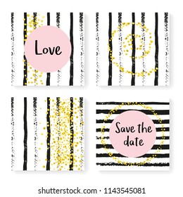 Wedding invite set with glitter confetti and stripes. Gold hearts and dots on black and white background. Template with wedding invite set for party, event, bridal shower, save the date card.