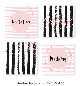 Wedding invite set with glitter confetti and stripes. Pink hearts and dots on black and pink background. Design with wedding invite set for party, event, bridal shower, save the date card.