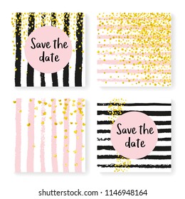 Wedding invite set with glitter confetti and stripes. Gold hearts and dots on black and pink background. Design with wedding invite set for party, event, bridal shower, save the date card.