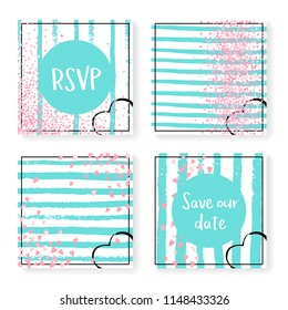 Wedding invite set with glitter confetti and stripes. Pink hearts and dots on mint and white background. Design with wedding invite set for party, event, bridal shower, save the date card.