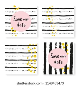 Wedding invite set with glitter confetti and stripes. Gold hearts and dots on black and white background. Template with wedding invite set for party, event, bridal shower, save the date card.