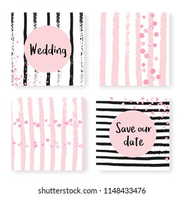 Wedding invite set with glitter confetti and stripes. Pink hearts and dots on black and pink background. Design with wedding invite set for party, event, bridal shower, save the date card.