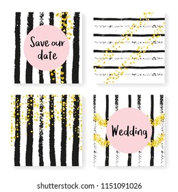 Wedding invite set with glitter confetti and stripes. Gold hearts and dots on black and white background. Design with wedding invite set for party, event, bridal shower, save the date card.