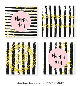 Wedding invite set with glitter confetti and stripes. Gold hearts and dots on black and white background. Design with wedding invite set for party, event, bridal shower, save the date card.