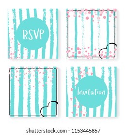 Wedding invite set with glitter confetti and stripes. Pink hearts and dots on mint and white background. Template with wedding invite set for party, event, bridal shower, save the date card.