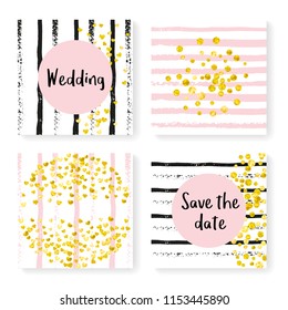 Wedding invite set with glitter confetti and stripes. Gold hearts and dots on black and pink background. Template with wedding invite set for party, event, bridal shower, save the date card.