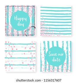 Wedding invite set with glitter confetti and stripes. Pink hearts and dots on mint and white background. Design with wedding invite set for party, event, bridal shower, save the date card.