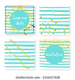 Wedding invite set with glitter confetti and stripes. Gold hearts and dots on mint and white background. Template with wedding invite set for party, event, bridal shower, save the date card.