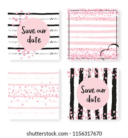 Conjunto de invitaciones de Boda con confeti y rayas brillantes. Corazones y puntos rosados sobre fondo negro y rosa. Guardar Diseño con invitaciones de boda para fiesta, evento, despedida de soltera, la tarjeta de fecha.