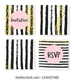 Wedding invite set with glitter confetti and stripes. Gold hearts and dots on black and white background. Template with wedding invite set for party, event, bridal shower, save the date card.