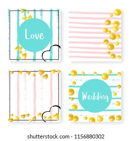 Wedding invite set with glitter confetti and stripes. Gold hearts and dots on pink and mint background. Design with wedding invite set for party, event, bridal shower, save the date card.