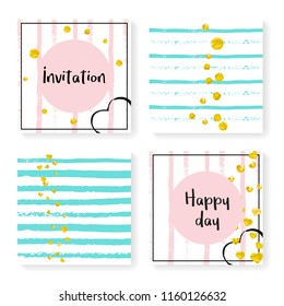 Wedding invite set with glitter confetti and stripes. Gold hearts and dots on pink and mint background. Template with wedding invite set for party, event, bridal shower, save the date card.