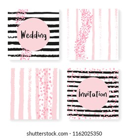 Wedding invite set with glitter confetti and stripes. Pink hearts and dots on black and pink background. Template with wedding invite set for party, event, bridal shower, save the date card.