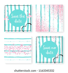 Wedding invite set with glitter confetti and stripes. Pink hearts and dots on mint and white background. Design with wedding invite set for party, event, bridal shower, save the date card.