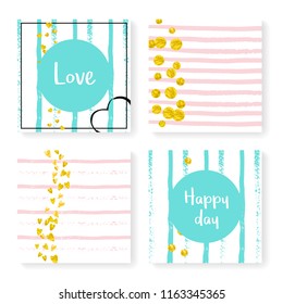 Wedding invite set with glitter confetti and stripes. Gold hearts and dots on pink and mint background. Template with wedding invite set for party, event, bridal shower, save the date card.