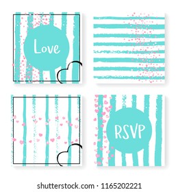 Wedding invite set with glitter confetti and stripes. Pink hearts and dots on mint and white background. Design with wedding invite set for party, event, bridal shower, save the date card.