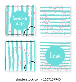 Wedding invite set with glitter confetti and stripes. Pink hearts and dots on mint and white background. Design with wedding invite set for party, event, bridal shower, save the date card.