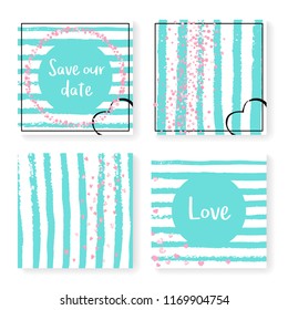 Wedding invite set with glitter confetti and stripes. Pink hearts and dots on mint and white background. Template with wedding invite set for party, event, bridal shower, save the date card.